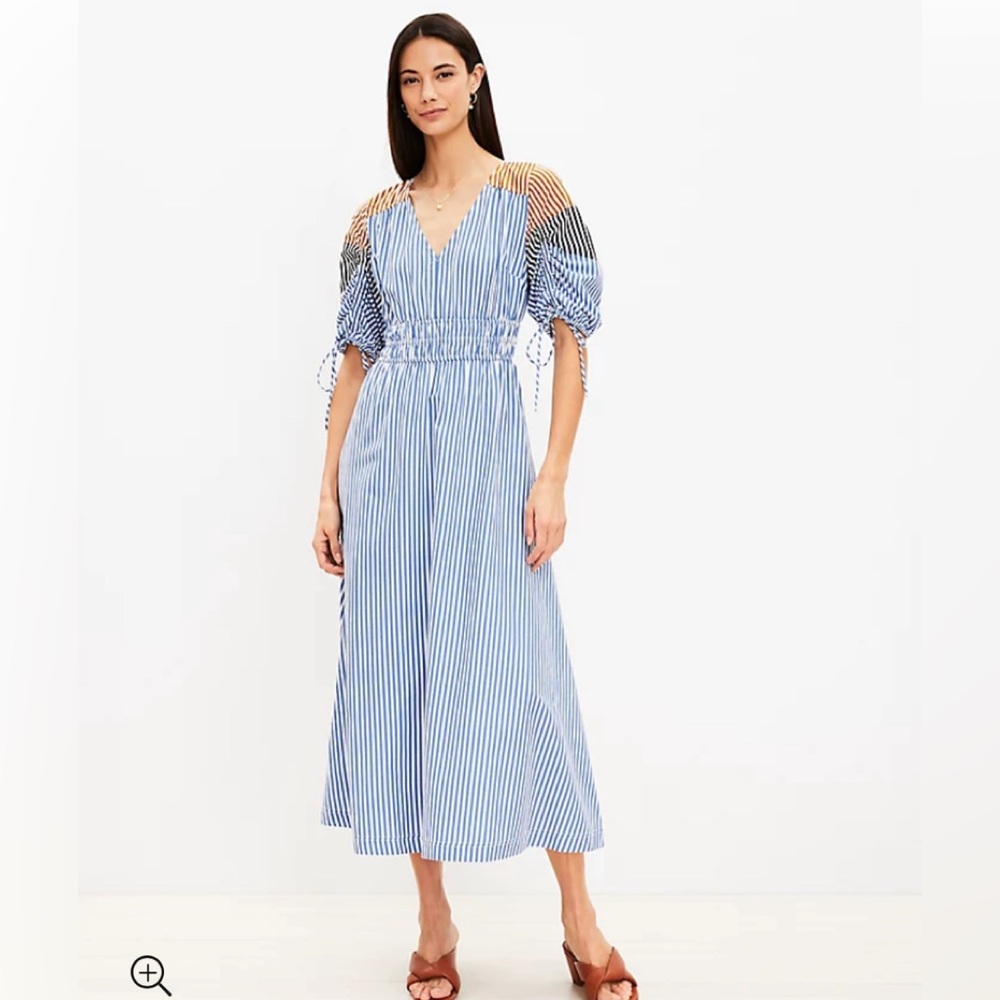 Striped Tie Puff Sleeve Midi Dress